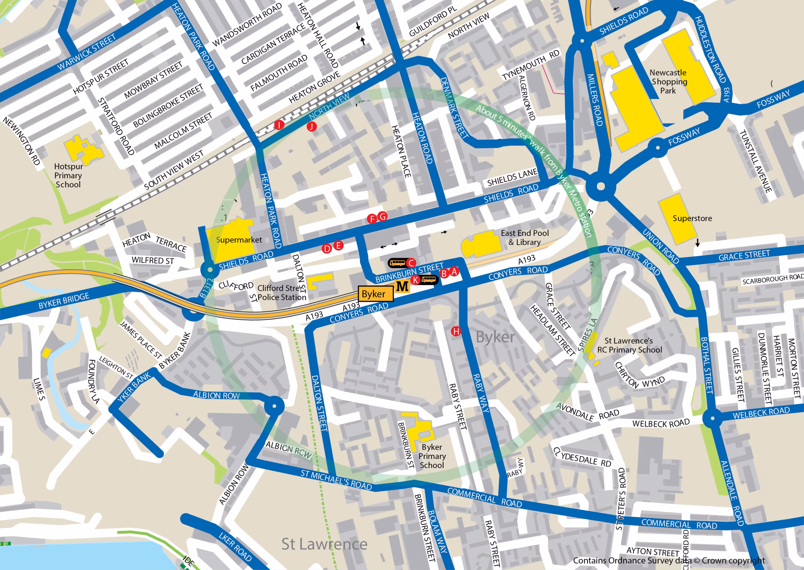 Byker station area map