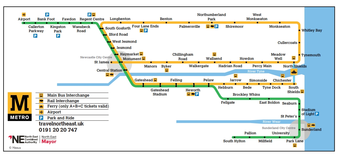Tyne and Wear Metro map showing 60 stations
