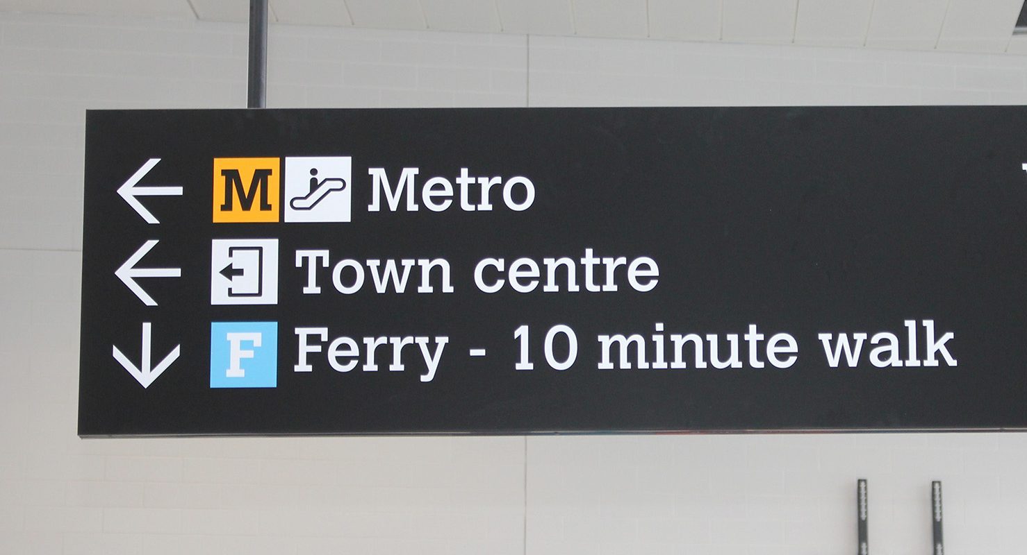 A sign showing Ferry and Metro