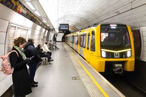 A Tyne and Wear Metro train arriving at Haymarket Metro station