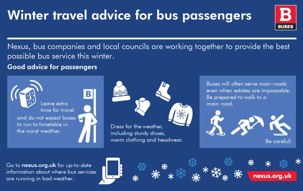 Graphic showing winter travel advice for bus passengers (replicating the text on the page)