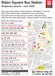 Poster demonstrating bus diversion map from Eldon Square bus station