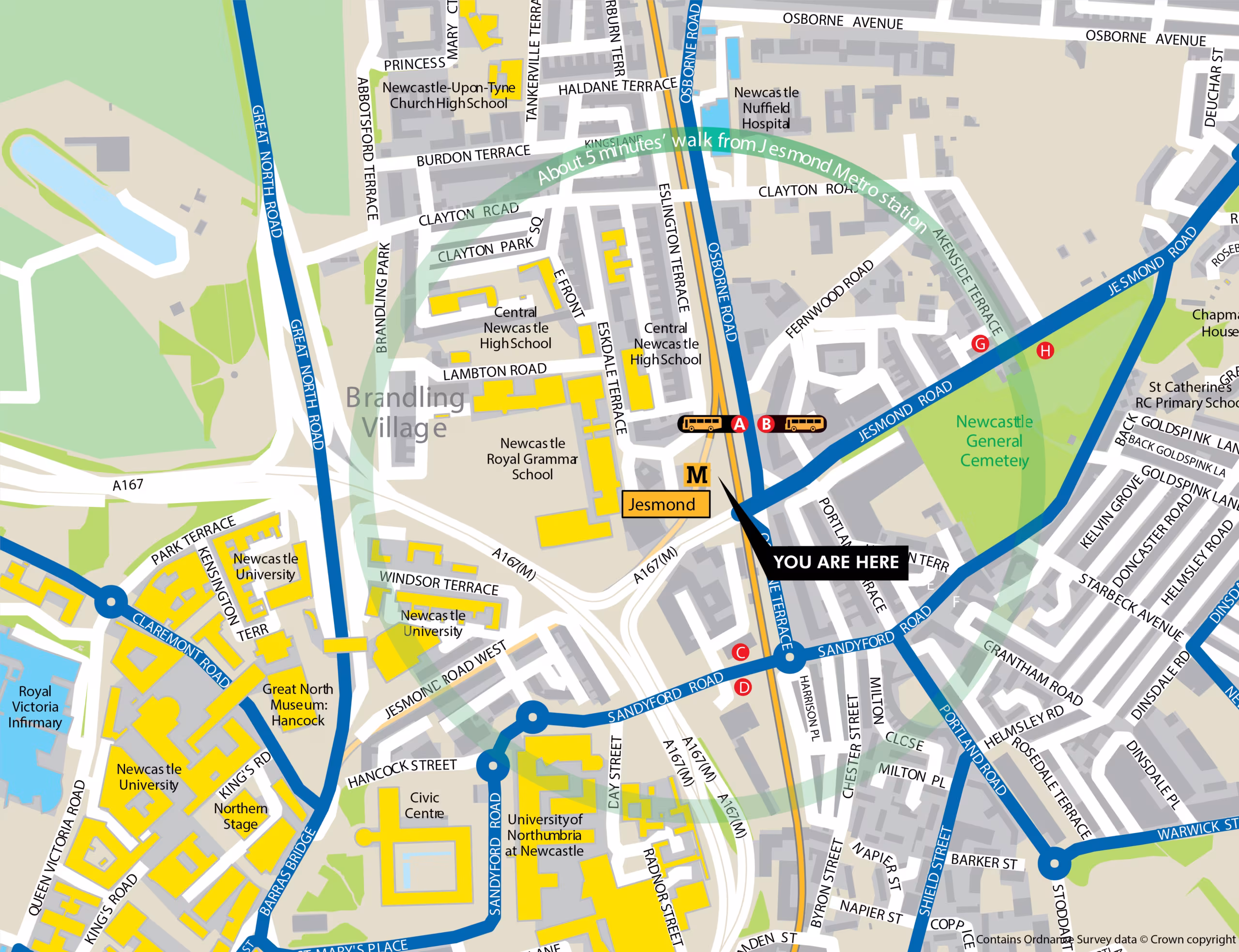 Jesmond station area map